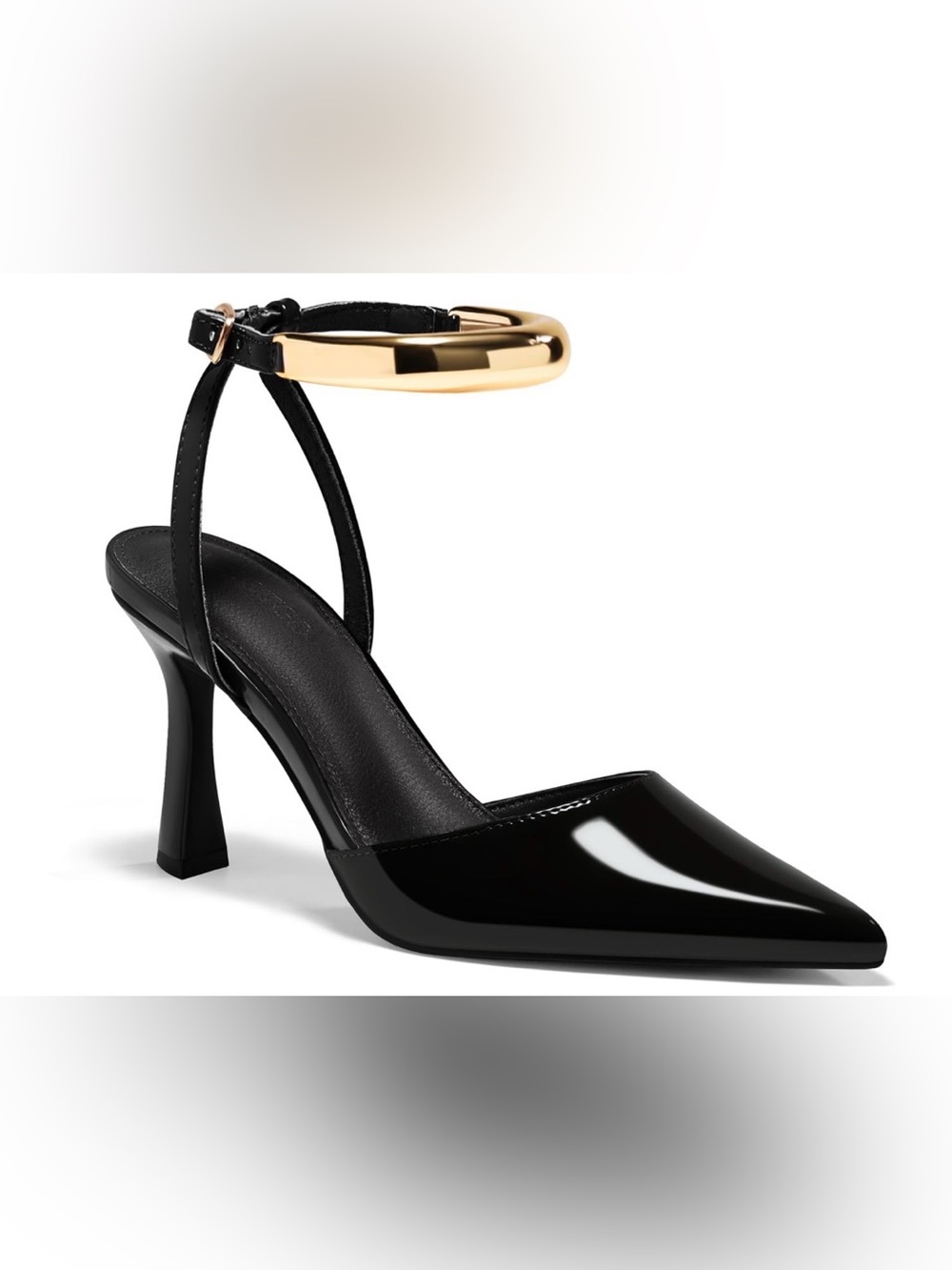 Black Patent Ankle-Strap Pointed Pump with Gold Accent